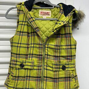 Green plaid wool vest with faux fur hood